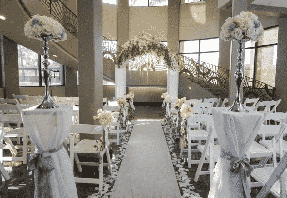 Wedding aisle and arch at The Plaza at Whitney Ranch in Las Vegas.