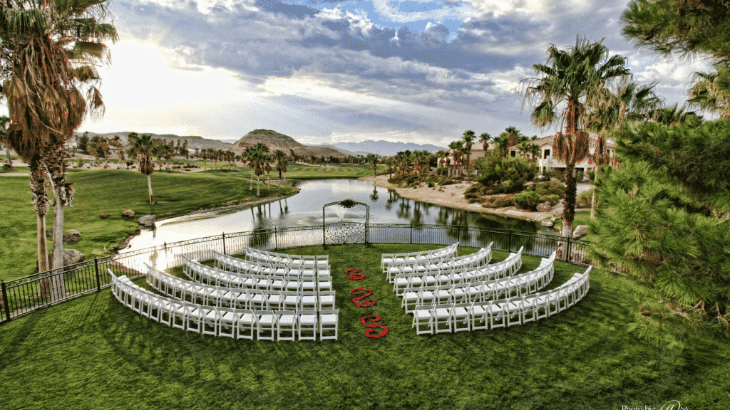 The lakeside wedding ceremony area at the Rhodes Ranch Golf Club in Las Vegas.