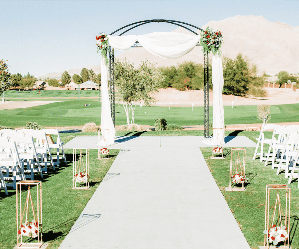 Wedding aisle and arch on the golf course at Wedgewood Weddings in Las Vegas.