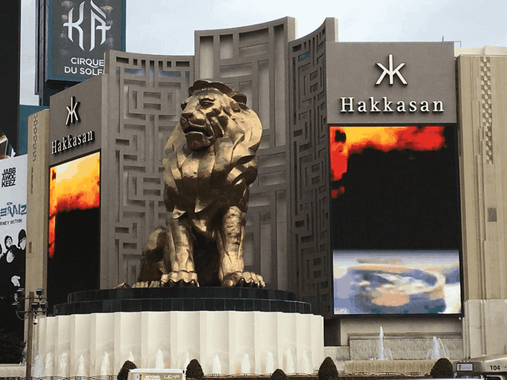 The front of the MGM Grand Hotel and Casino in Las Vegas with a giant metal lion statue.