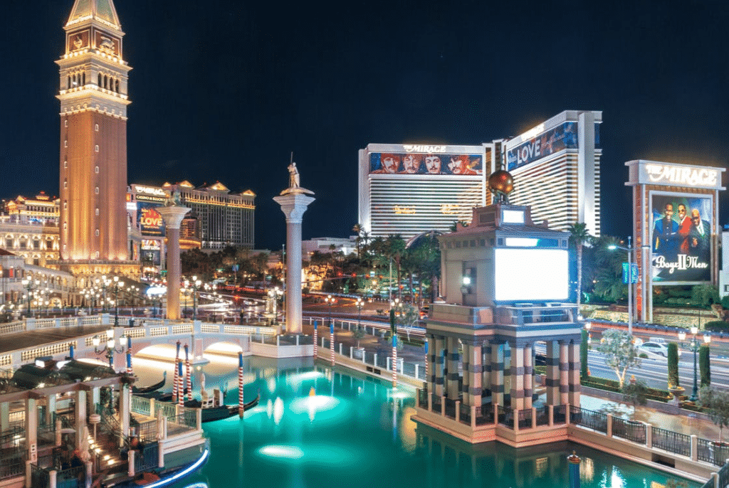 A nighttime view of The Venetian Resort in Las Vegas.