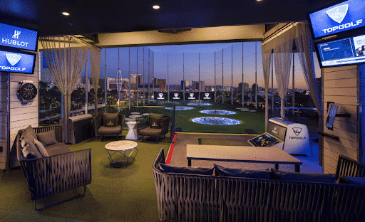 A lounge room in Topgolf Las Vegas.