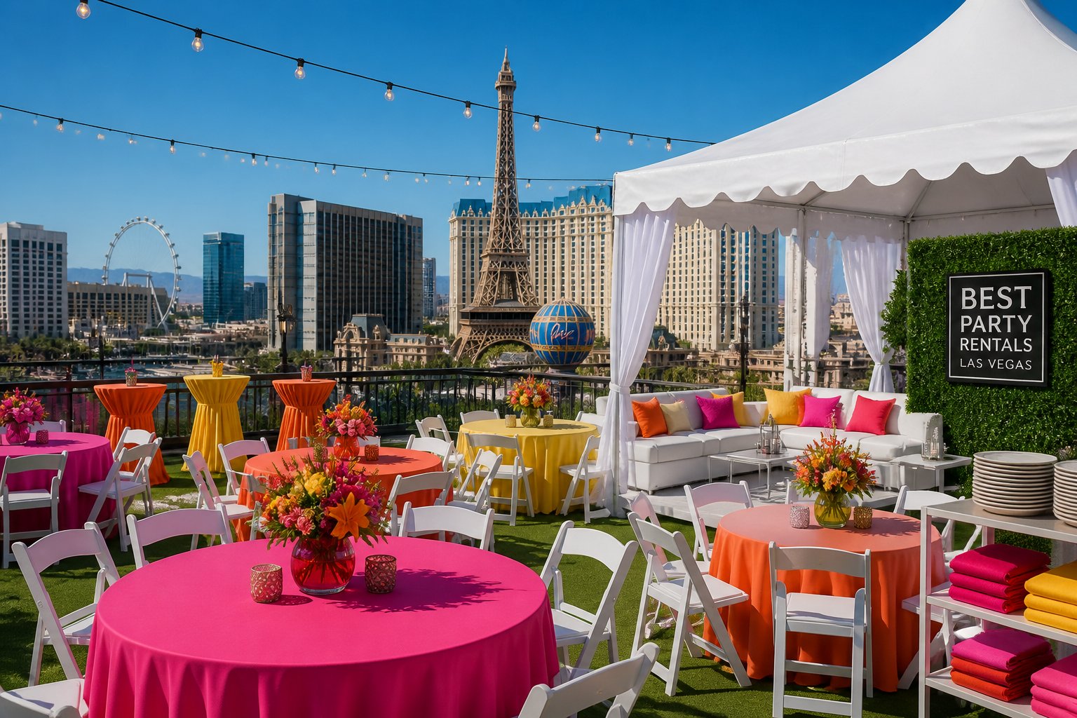 Outdoor party setup with tents, tables, chairs, and decorative lighting against the Las Vegas skyline.