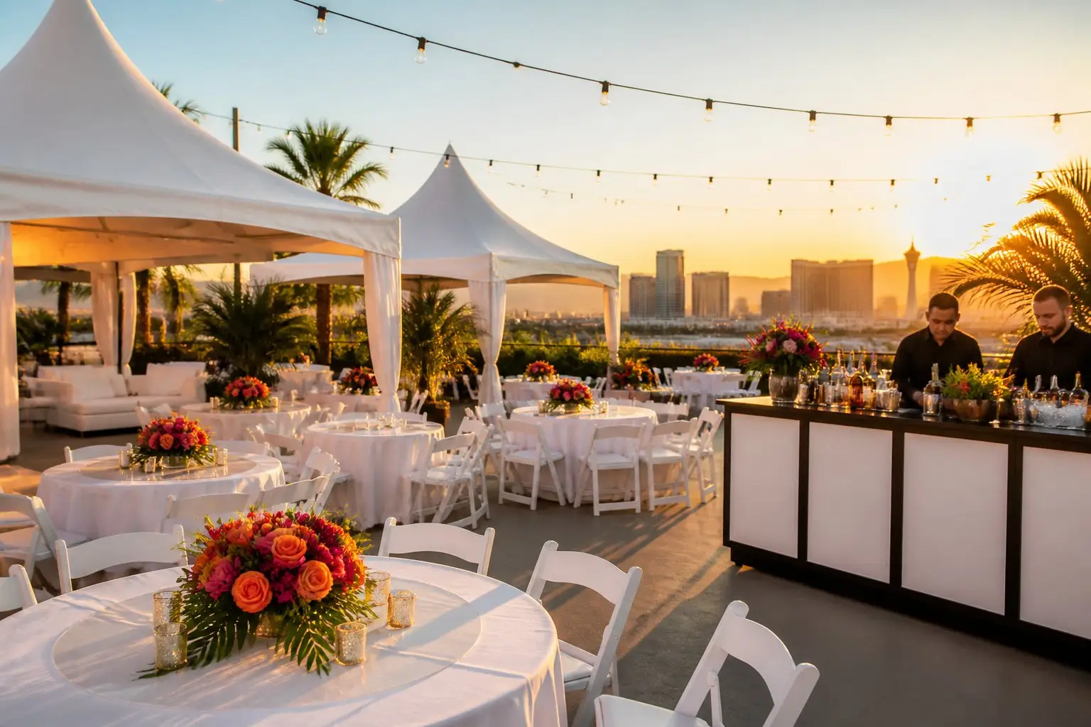 Outdoor party setup with white tents, tables with floral centerpieces, folding chairs, string lights, and a portable bar station during sunset.