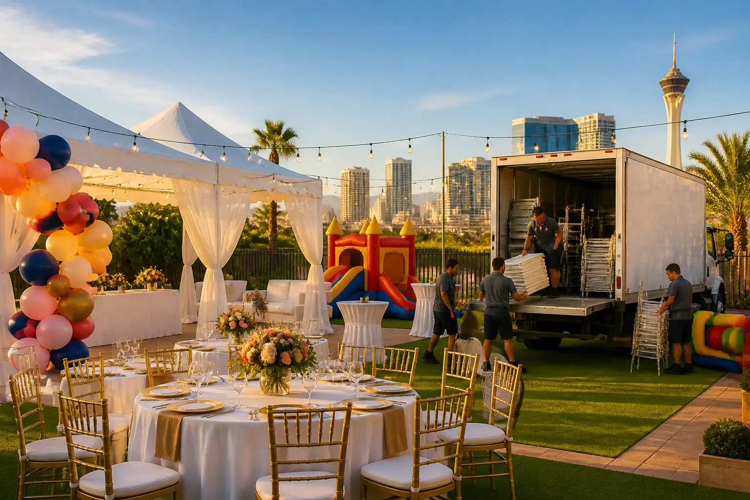 Outdoor party setup with tents, tables, chairs, decorations, and staff unloading party rental equipment near a city skyline.