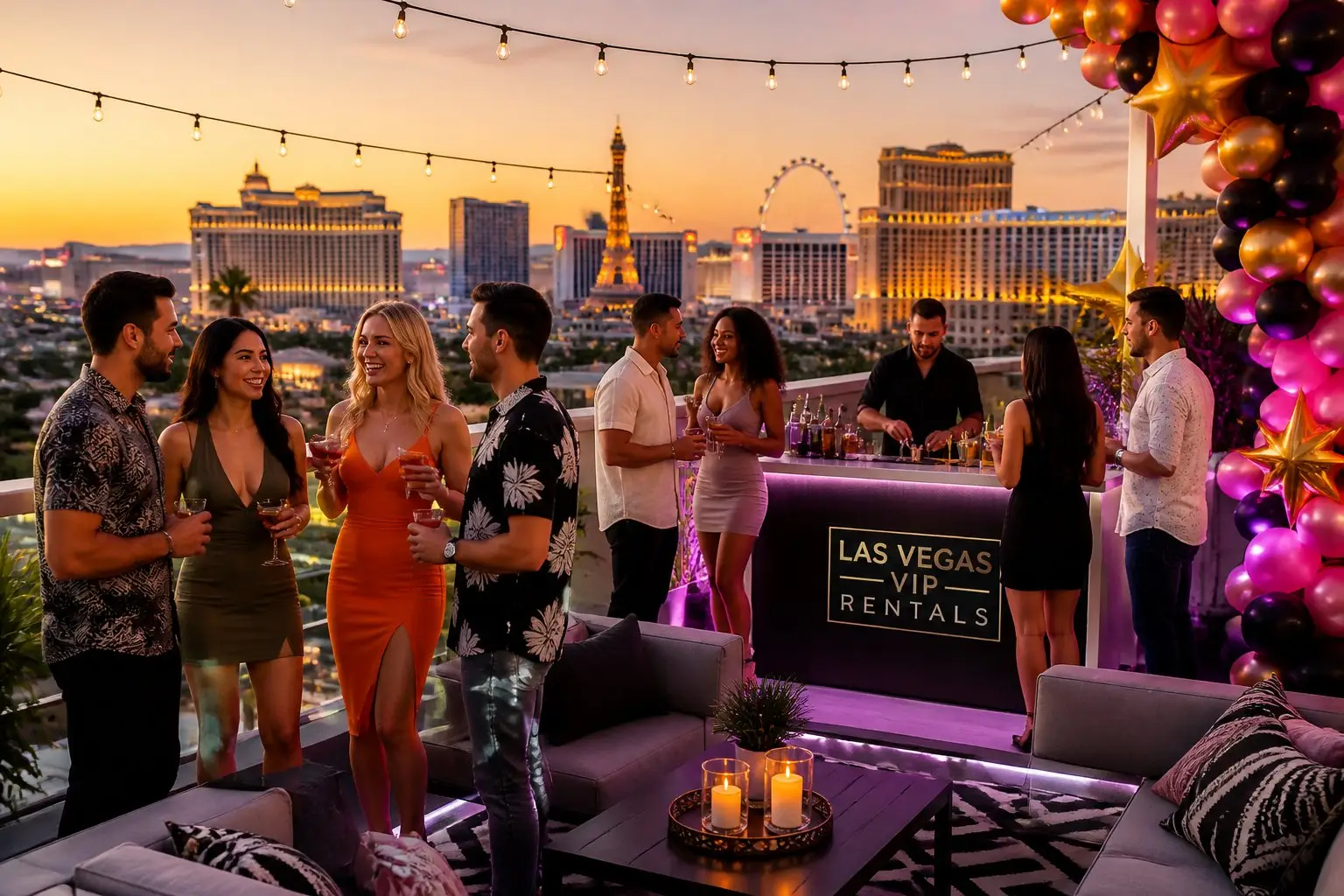 A group of young adults enjoying a lively outdoor party with festive decorations and the Las Vegas skyline in the background.