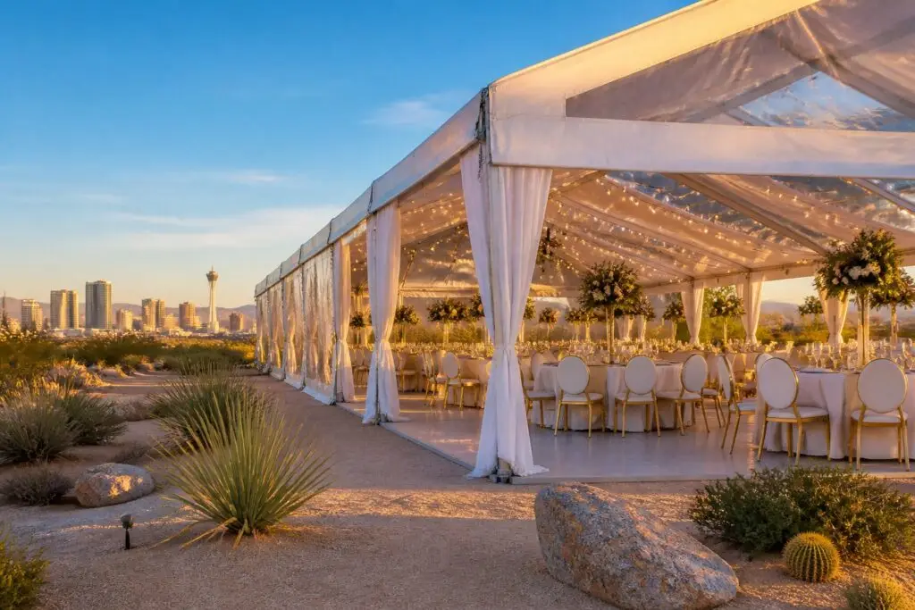A large white canopy tent set up outdoors in a desert area near Las Vegas with tables and chairs arranged inside for an event.
