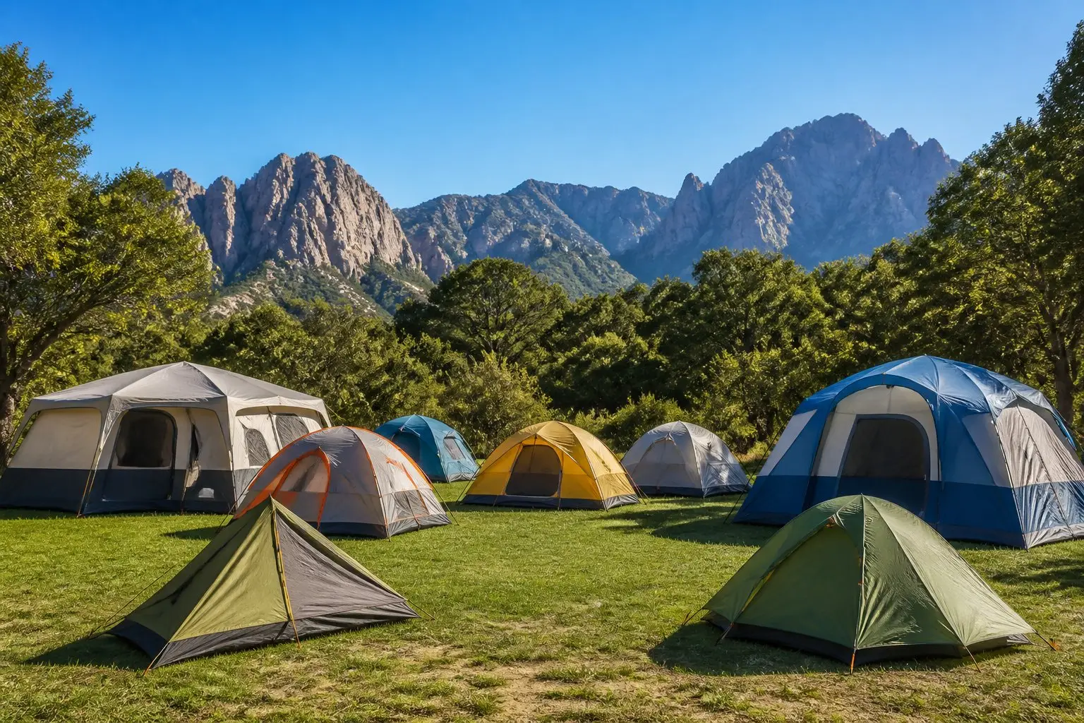 A variety of tents of different sizes and styles set up on a grassy field with trees and mountains in the background under a clear sky.