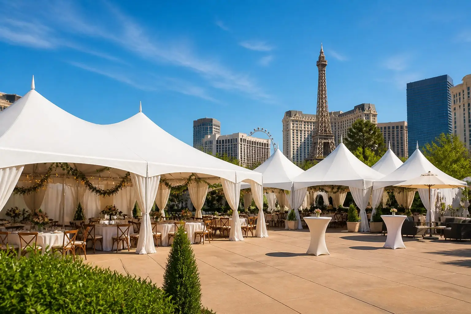 Outdoor event setup with large tents and tables under a clear sky with the Las Vegas skyline in the background.