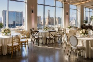 A bright event space in Las Vegas with various elegant chairs arranged around tables and a view of the city skyline through large windows.