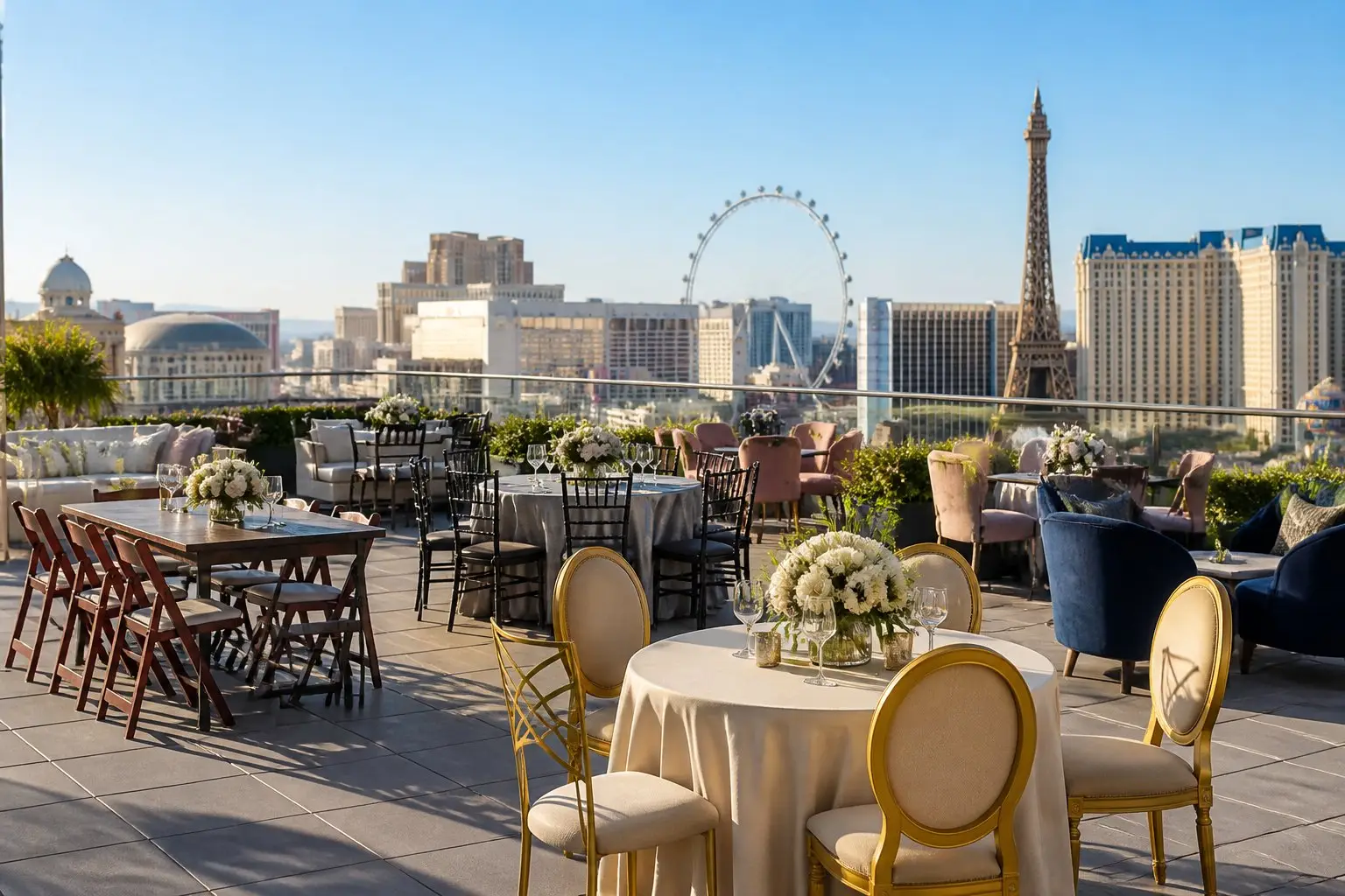 Outdoor event setup in Las Vegas with various stylish rental chairs arranged around tables and the city skyline in the background.
